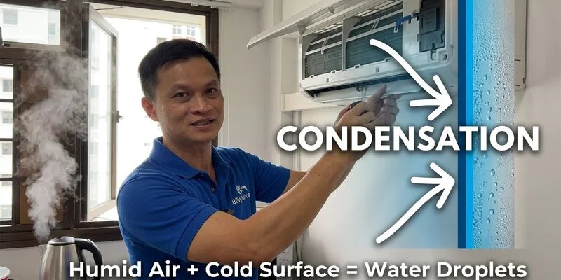 Diagram showing how warm humid air meeting cold aircon surfaces creates condensation