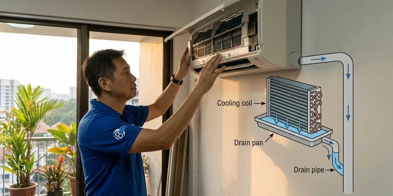 Diagram of aircon drain pan showing how condensate water is collected and drained
