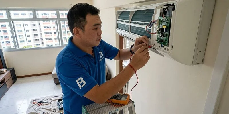 Aircon PCB board with thermistor wiring connection points highlighted