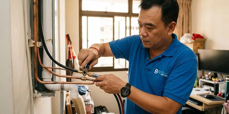 Diagram showing aircon piping components — liquid line, suction line, drain pipe, and electrical cable bundled together