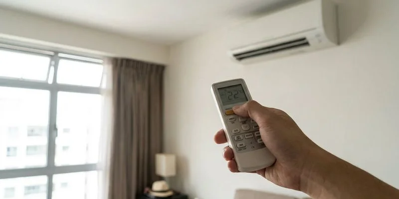 Aircon remote control showing 24 degrees with sleep mode activated