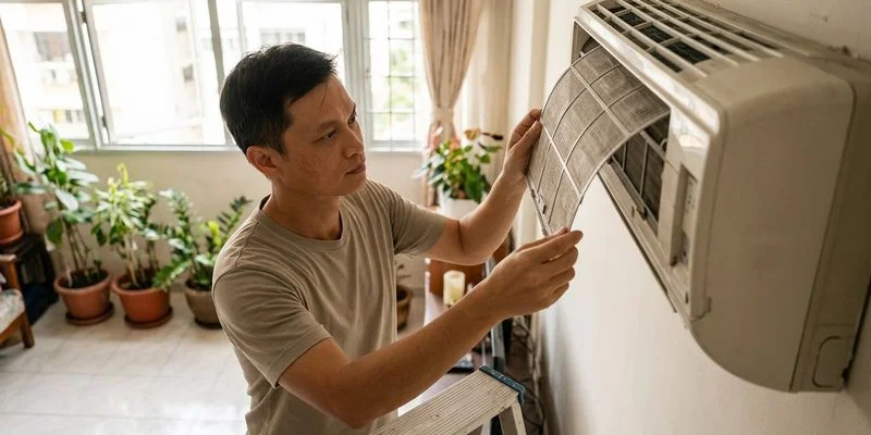 Guide showing recommended aircon servicing frequency by usage type in Singapore