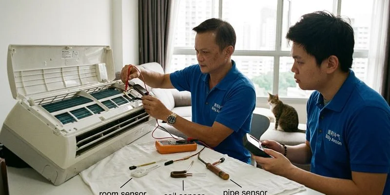 Three types of aircon thermistors — room temperature sensor, coil sensor, and pipe sensor