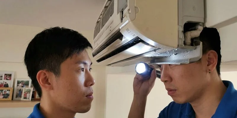 Aircon unit showing water leak and ice buildup indicating repair needed