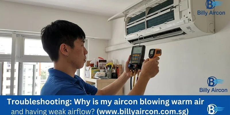 Technician checking aircon airflow strength and temperature at the vent