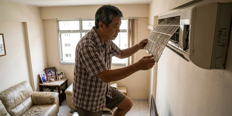 BTU sizing chart showing recommended capacity by room size for Singapore climate