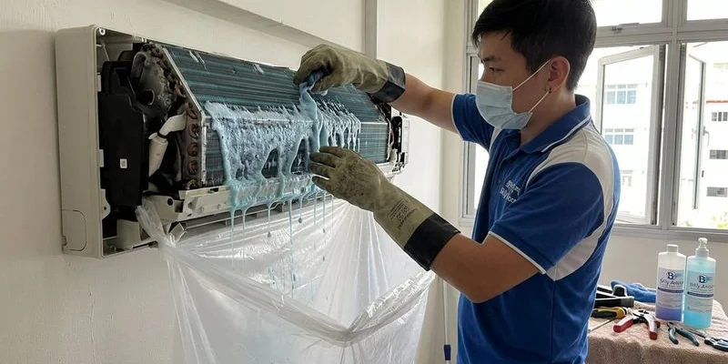 Chemical overhaul with aircon fully dismantled and parts laid out for deep cleaning