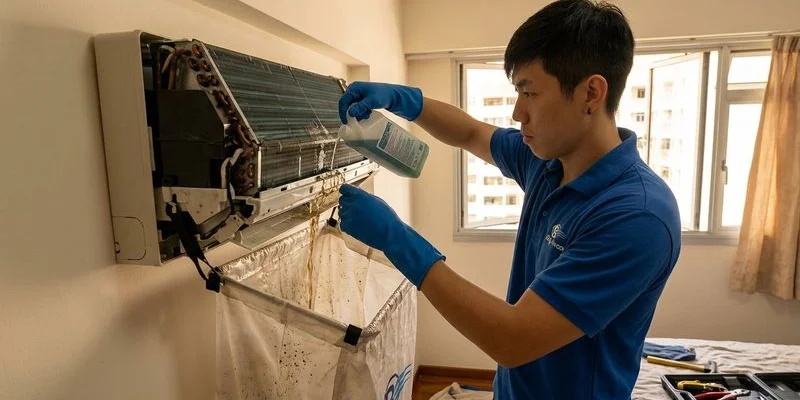 Chemical wash foaming solution being applied to dirty evaporator coil