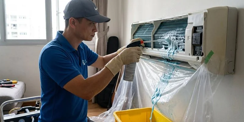 Chemical wash cleaning pest droppings and debris from inside aircon evaporator coil