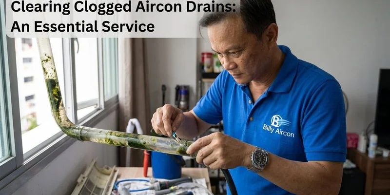 Clogged aircon drain pipe showing algae and slime buildup inside