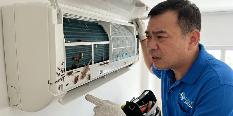 Common pests found inside aircon units including cockroach lizard and ants