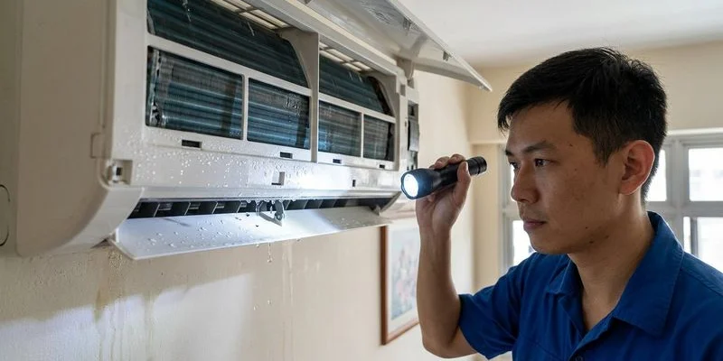 Comparison showing the difference between condensation and a water leak on an aircon unit