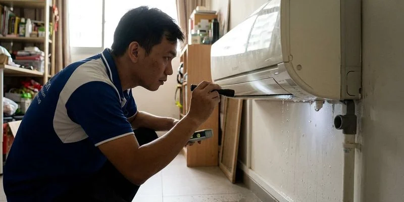 Corroded aircon copper pipe showing green patina and a pinhole refrigerant leak