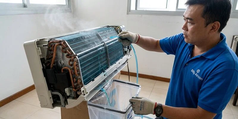 Flowchart decision guide for choosing between aircon servicing and chemical wash