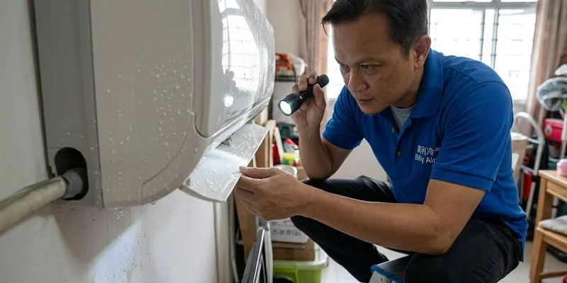 Degraded aircon pipe insulation with condensation water dripping down a wall