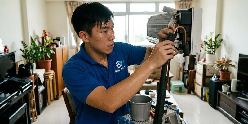 Technician checking aircon pipe insulation and drain to fix condensation issue
