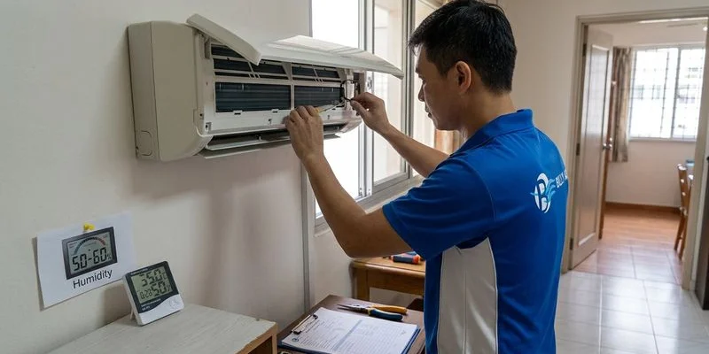 Hygrometer showing ideal indoor humidity level between 50 and 60 percent