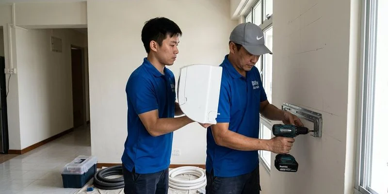 Properly installed aircon bracket with anti-vibration rubber pads and drainage clearance