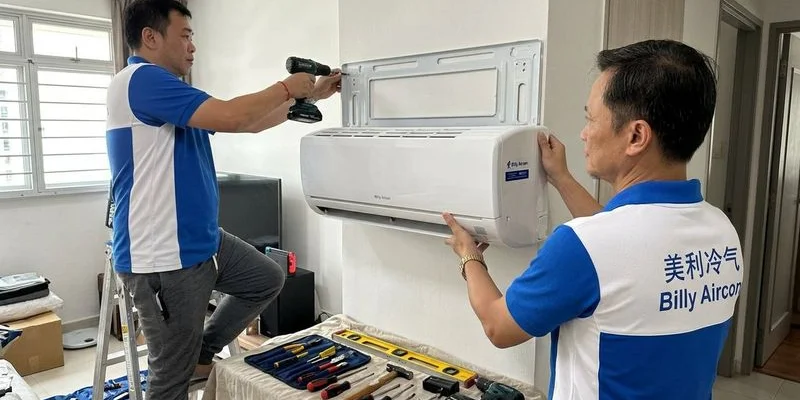 Corroded and rusted aircon mounting bracket on an HDB flat exterior wall