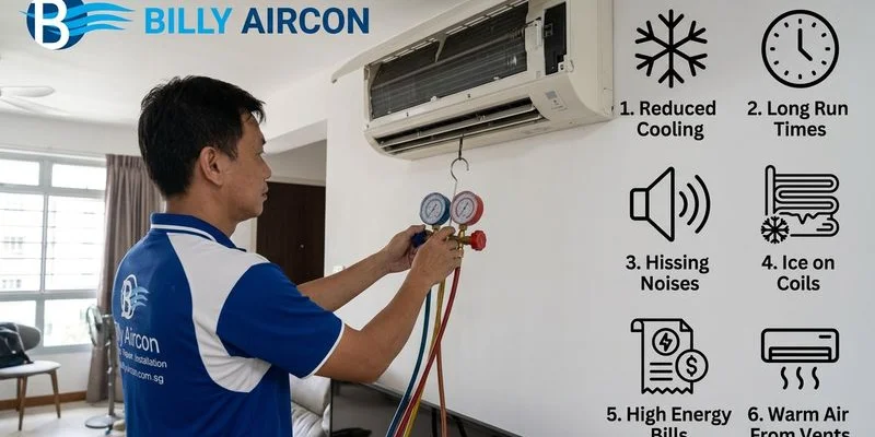 Infographic showing six signs your aircon is low on refrigerant gas
