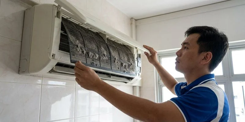 Technician performing standard aircon servicing including filter cleaning and checks