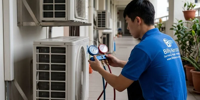 Technician topping up aircon gas using manifold gauge set