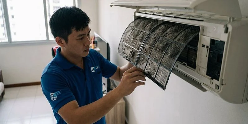 Dirty aircon evaporator coil showing what happens when servicing is skipped