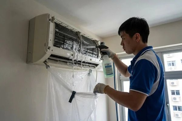Before and after aircon chemical wash showing dirty evaporator coil cleaned