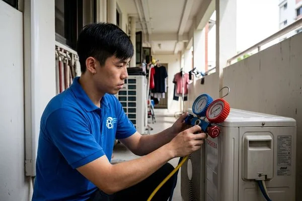 Technician checking refrigerant gas pressure with gauge manifold