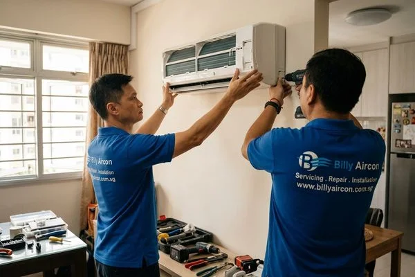 Technician installing outdoor condenser unit on HDB aircon ledge