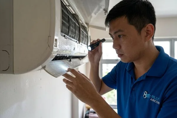 Technician realigning drainage pan and checking pipe gradient during repair