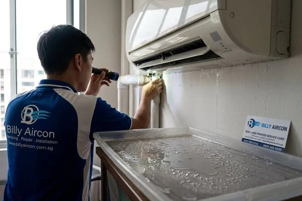 Technician clearing clogged condensate drain pipe to stop water leak