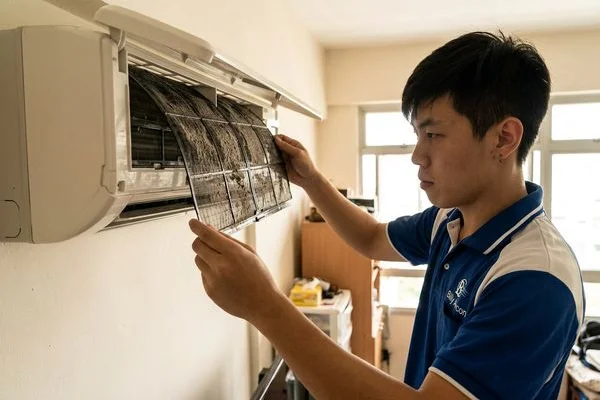 Technician inspecting aircon fan coil unit filter during routine servicing