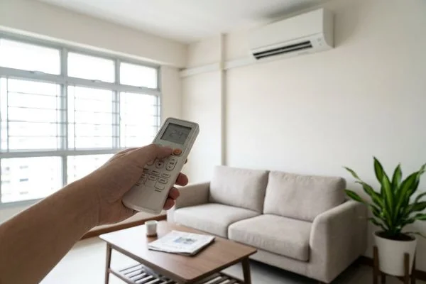 Technician using infrared thermometer to diagnose aircon not cold problem