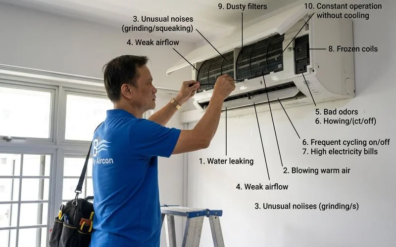 Aircon unit showing warning signs that indicate repair is needed
