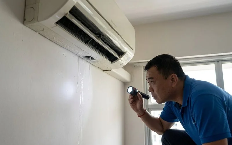 Water condensation forming on aircon vents in a humid Singapore room