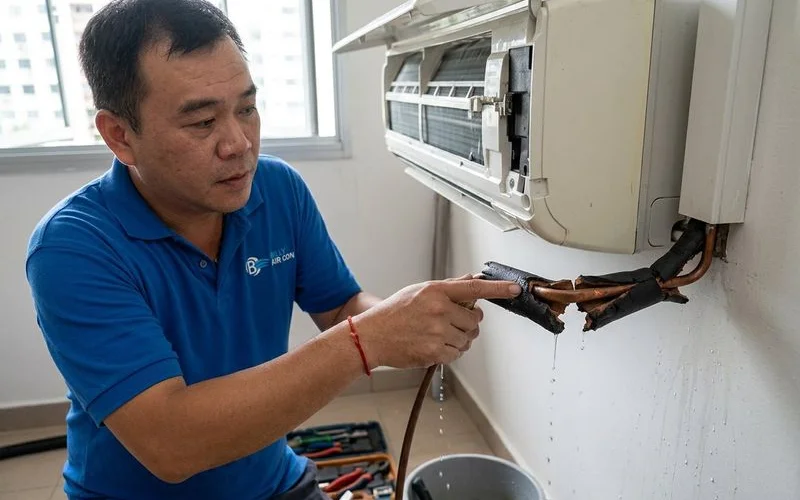 Damaged aircon pipe insulation exposing copper refrigerant pipe to condensation