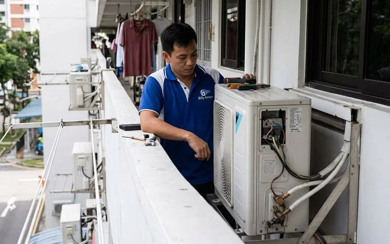 Aircon copper refrigerant piping running from indoor to outdoor unit through trunking