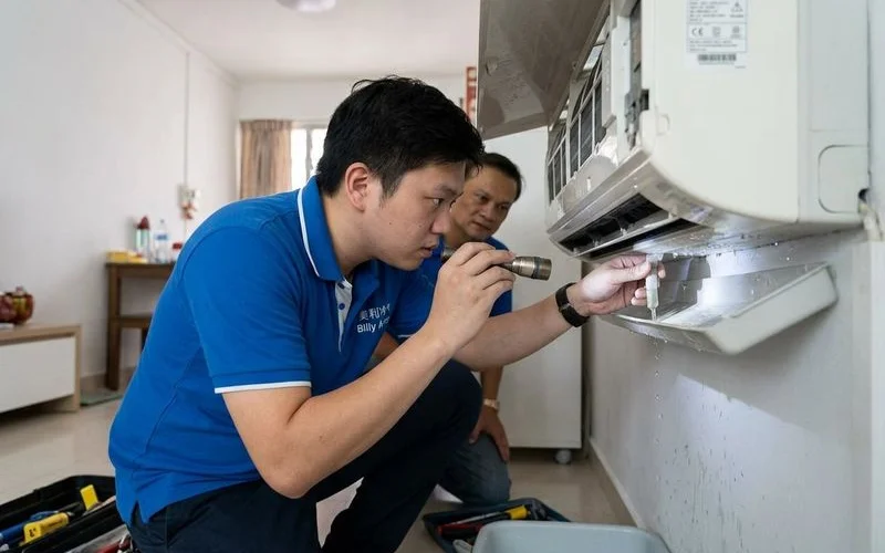 Aircon indoor unit with water leaking from an overflowing drain pan