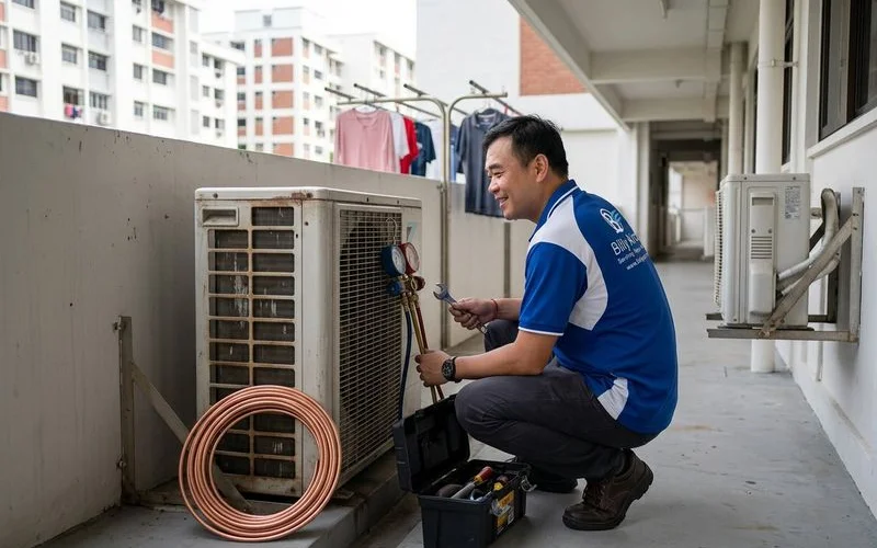 Aircon isolator switch mounted on a wall near the outdoor condenser unit