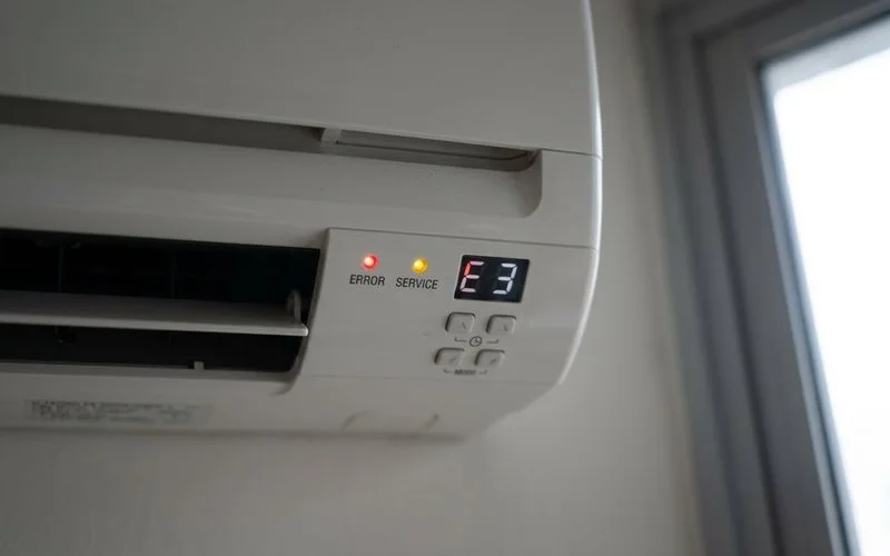 Aircon indoor unit with blinking indicator lights showing error codes