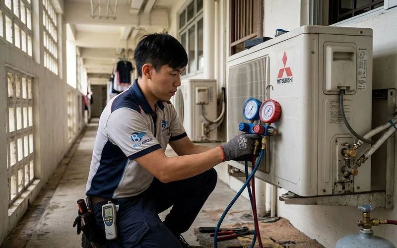 Technician checking aircon refrigerant gas levels with pressure gauge