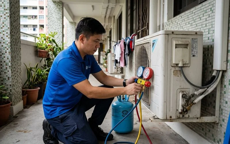 Aircon outdoor unit showing frost buildup on copper pipes indicating a refrigerant gas leak