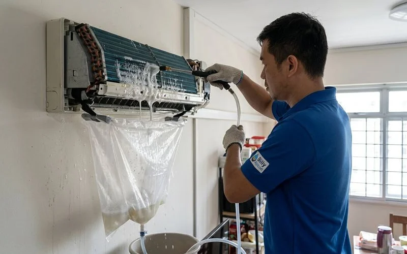 Side by side comparison of standard aircon servicing and chemical wash process