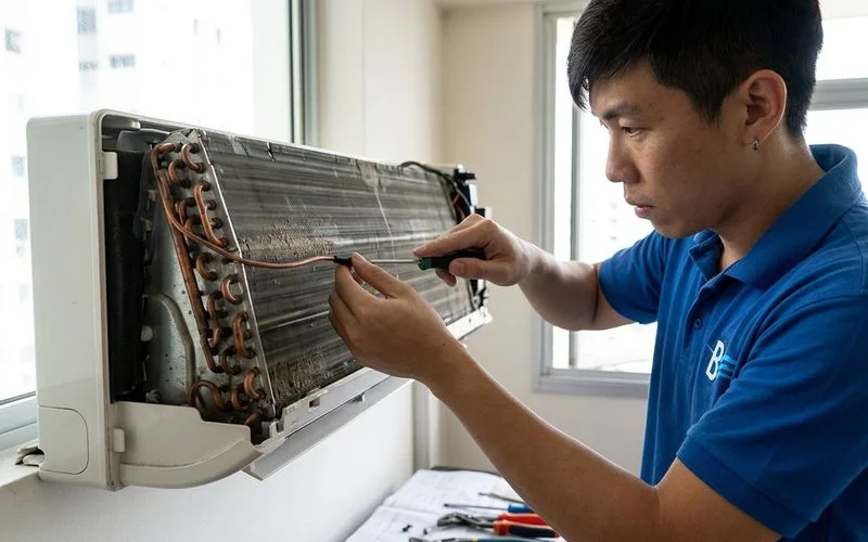 Close-up of an aircon thermistor temperature sensor attached to the evaporator coil