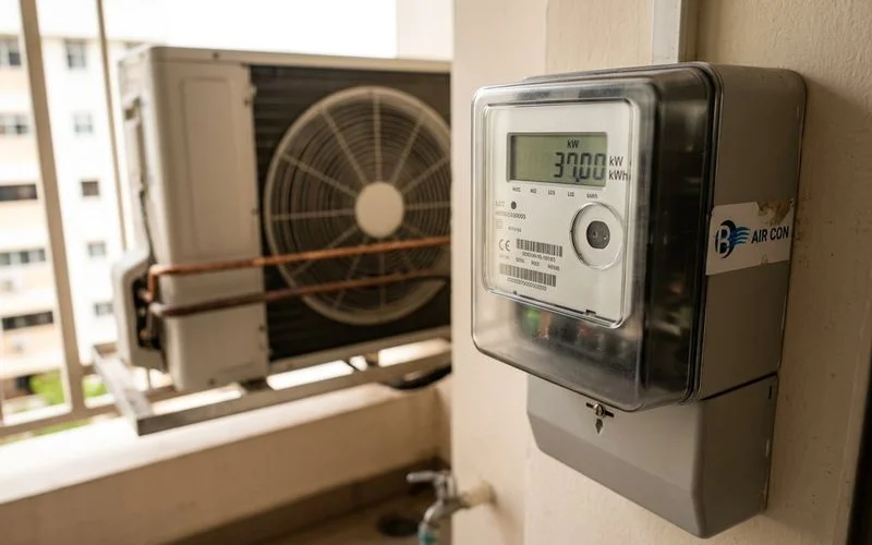 Billy Aircon technician performing systematic aircon servicing checklist in a Singapore HDB living room