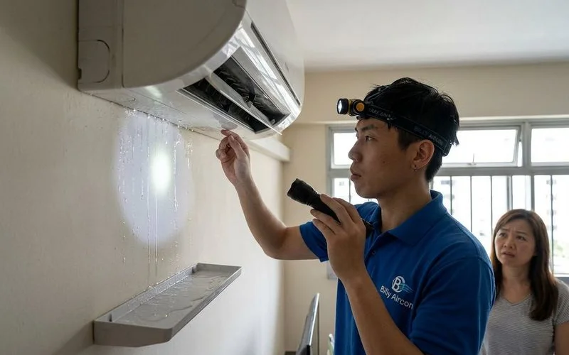 Common causes of aircon water leaking illustrated with diagram showing drain pipe clog and ice formation on evaporator coil