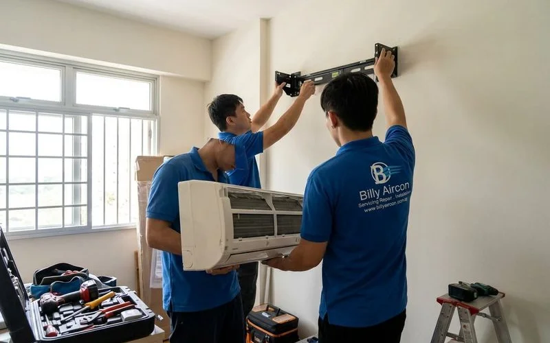 Complete aircon installation setup in a Singapore HDB bedroom with wall mounted indoor unit and neat trunking