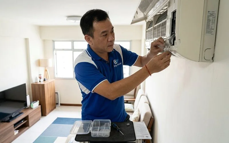 Aircon unit being inspected for pest entry points in Singapore home